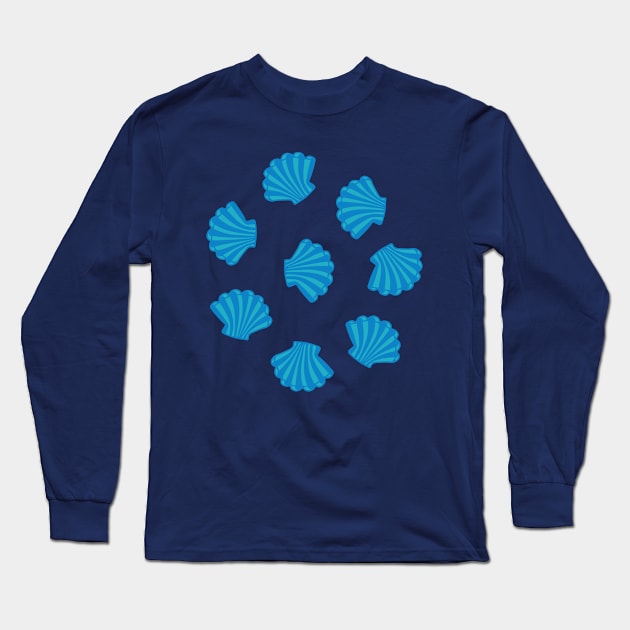 SEASHELLS Scattered Tropical Scallop Clam Shells Undersea Ocean Sea Life in Blue Royal and Dark Teal Blue - UnBlink Studio by Jackie Tahara Long Sleeve T-Shirt by UnBlink Studio by Jackie Tahara